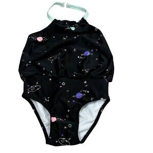 Cat & Jack Girls 3T Space Print Halter One-Piece Swimsuit Black